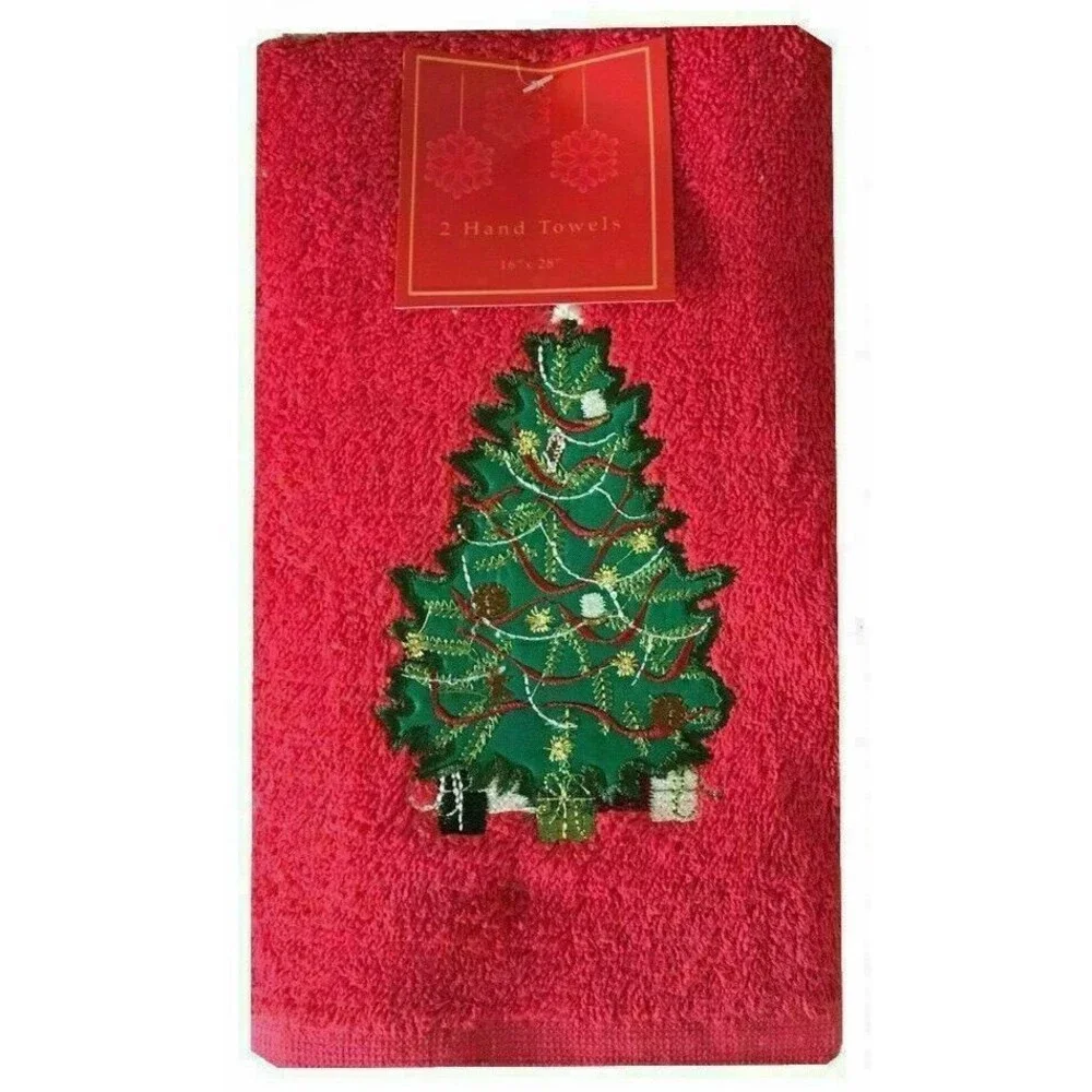 Christmas Tree Red Hand Towels Cotton Embroidered Guest Bathroom 16x28 Set of 2